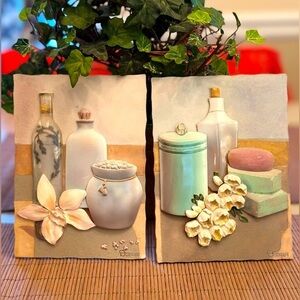 Durham Artist Floral Textured Ceramic Tiles Flower Wall Plaques - Set of 2 EUC